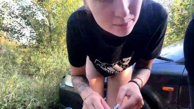 Brunette teen gives outdoor handjob - drtuber